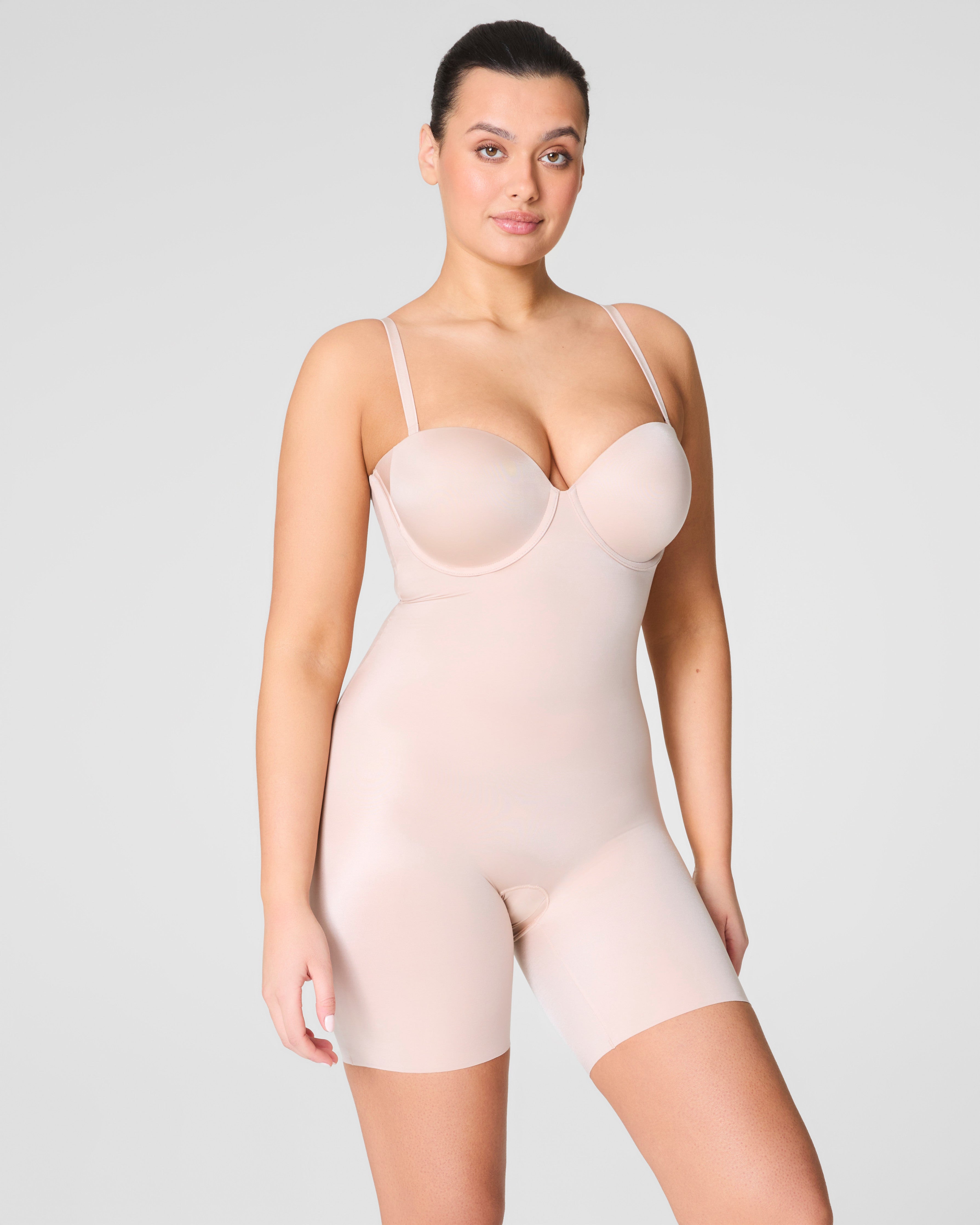 SPANXshape™ Suit Your Fancy Strapless Cupped Mid-Thigh Bodysuit | Champagne Beige