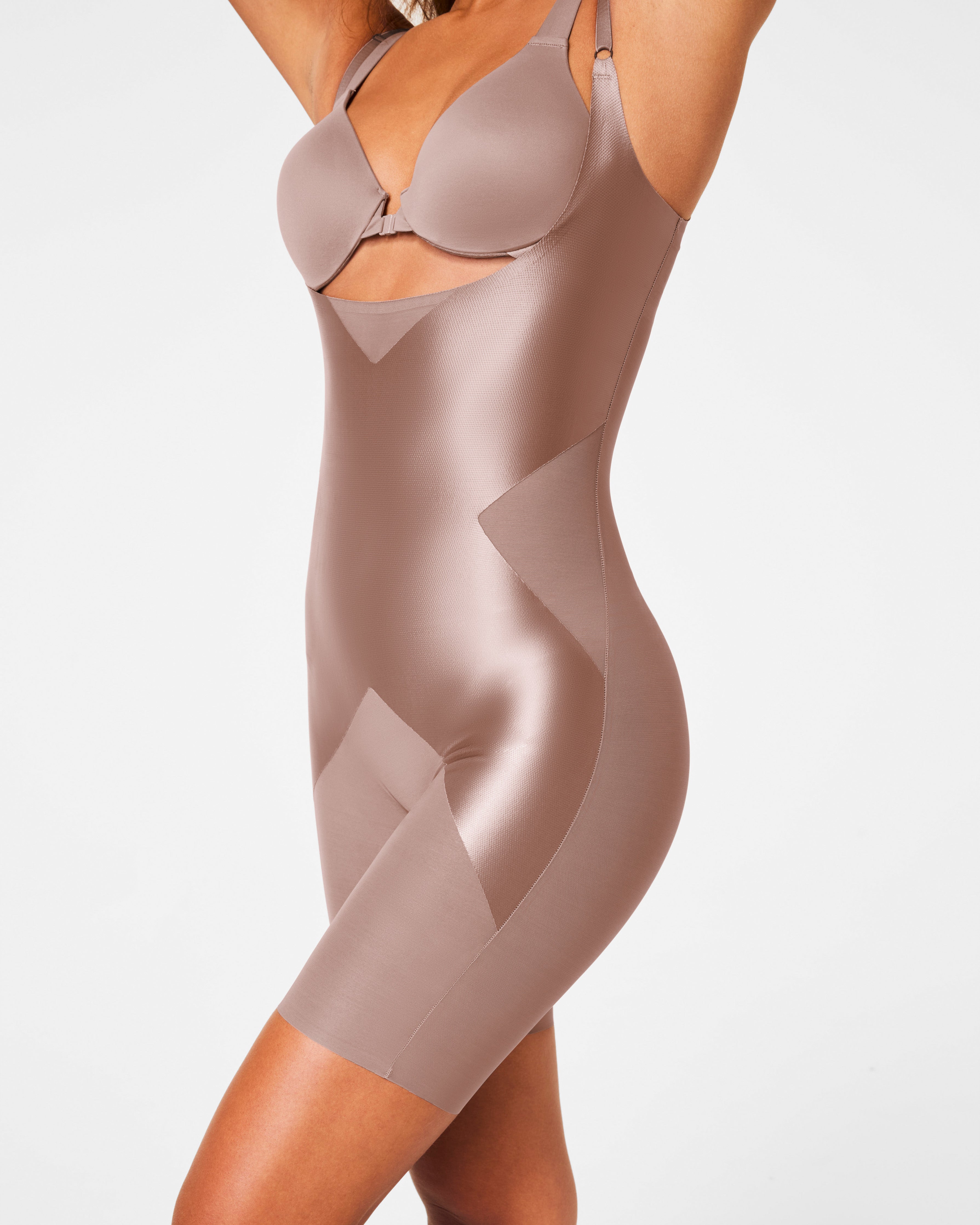 SPANXshape™ Satin-X™ Open-Bust Mid-Thigh Bodysuit | Cafe Au Lait