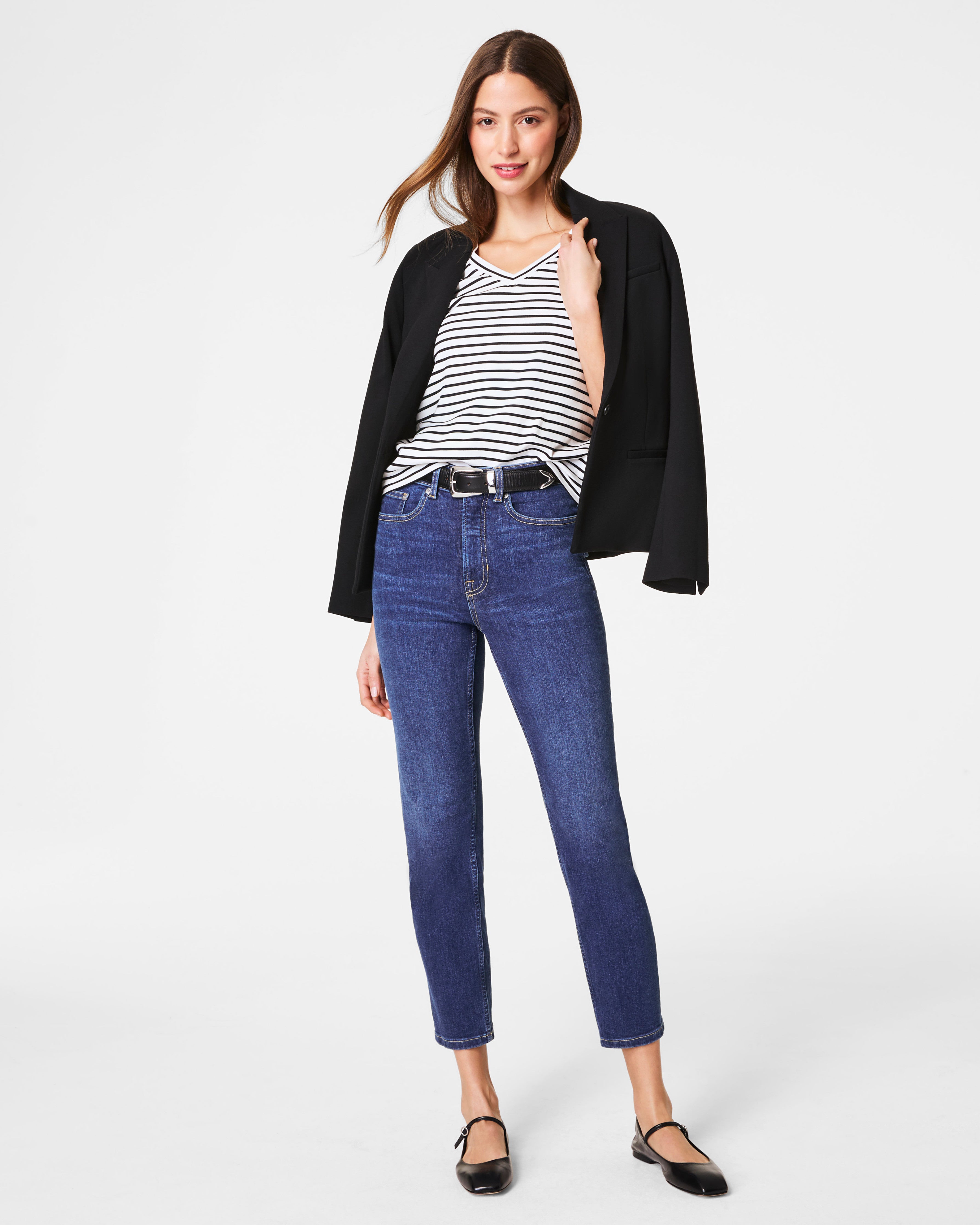 SPANX® Cotton V-Neck Tee | Classic Black Stripe