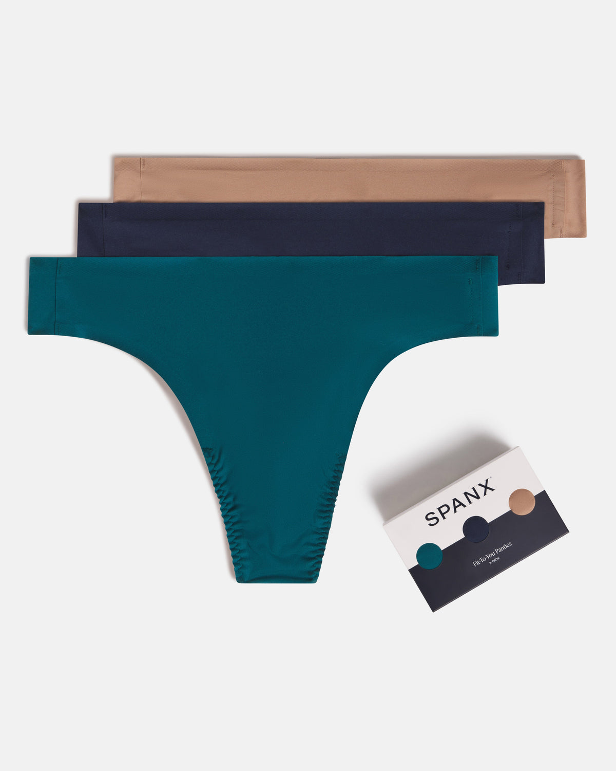 SPANXsmooth™ Fit-To-You Thong 3-Pack Box | Emerald Bay/Timeless Navy/Cafe Au Lait