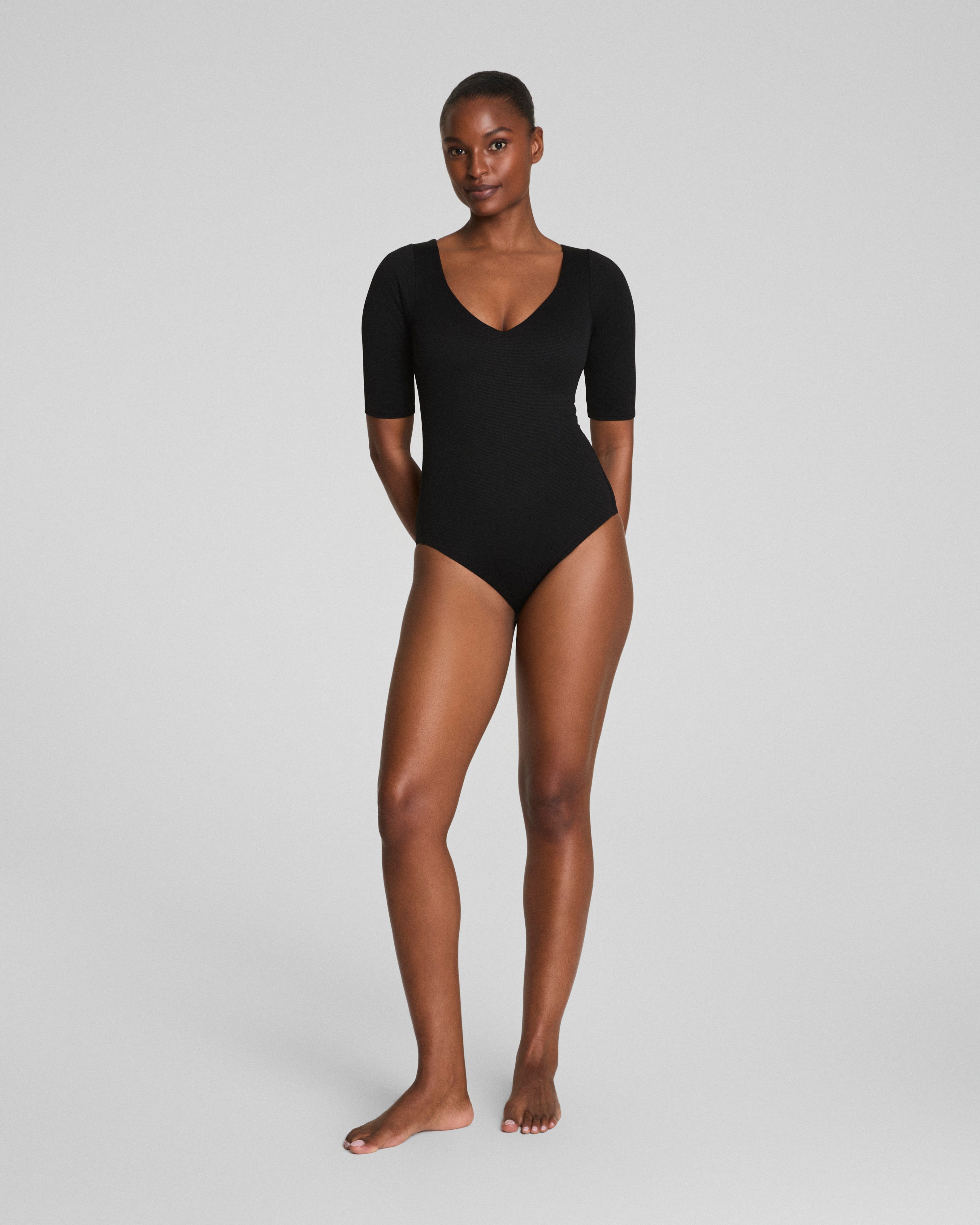 SPANXshape™ Swim Pique Short Sleeve One-Piece | Very Black
