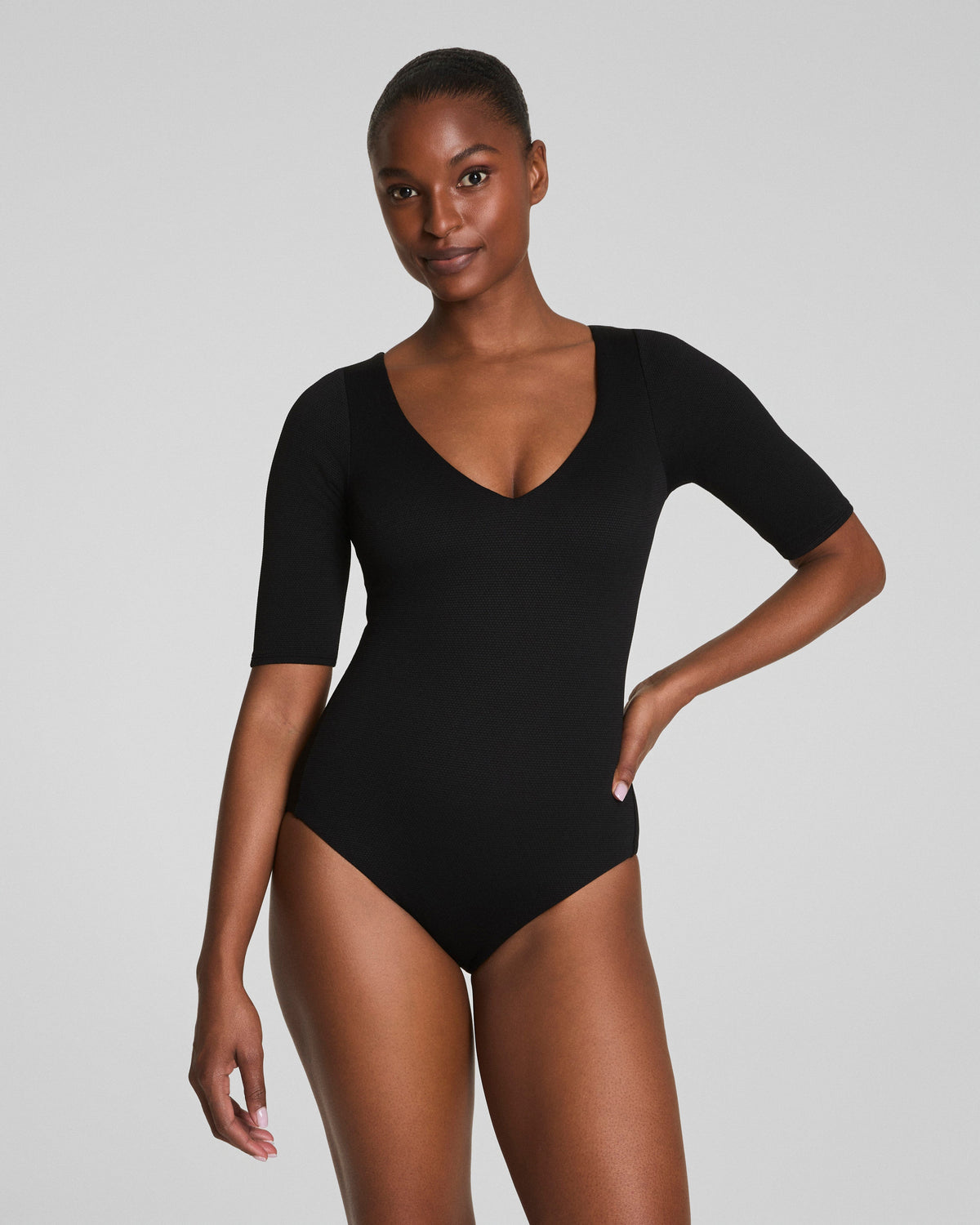 SPANXshape™ Swim Pique Short Sleeve One-Piece | Very Black
