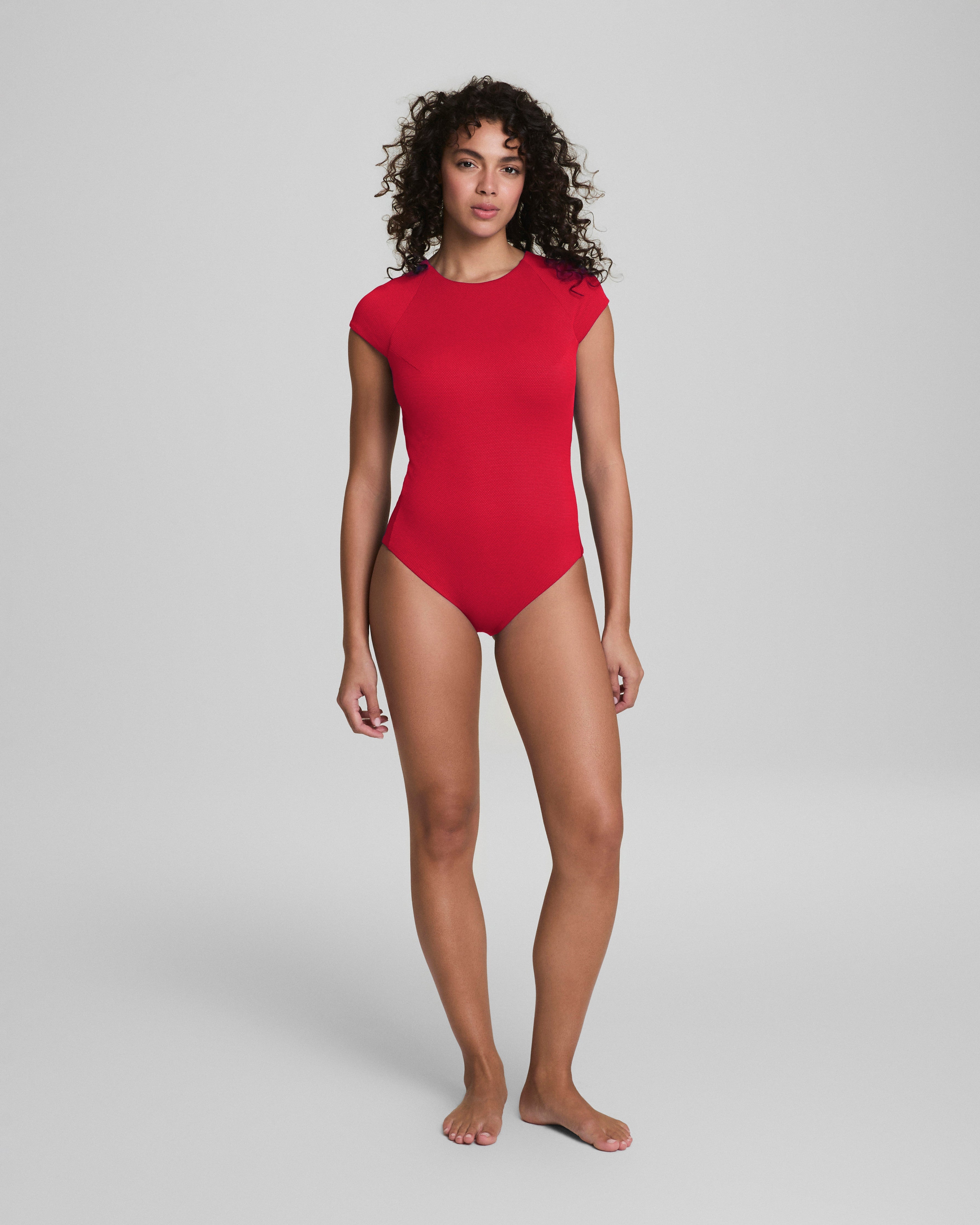 SPANXshape™ Swim Pique High Neck Short Sleeve One-Piece | Spanx Red