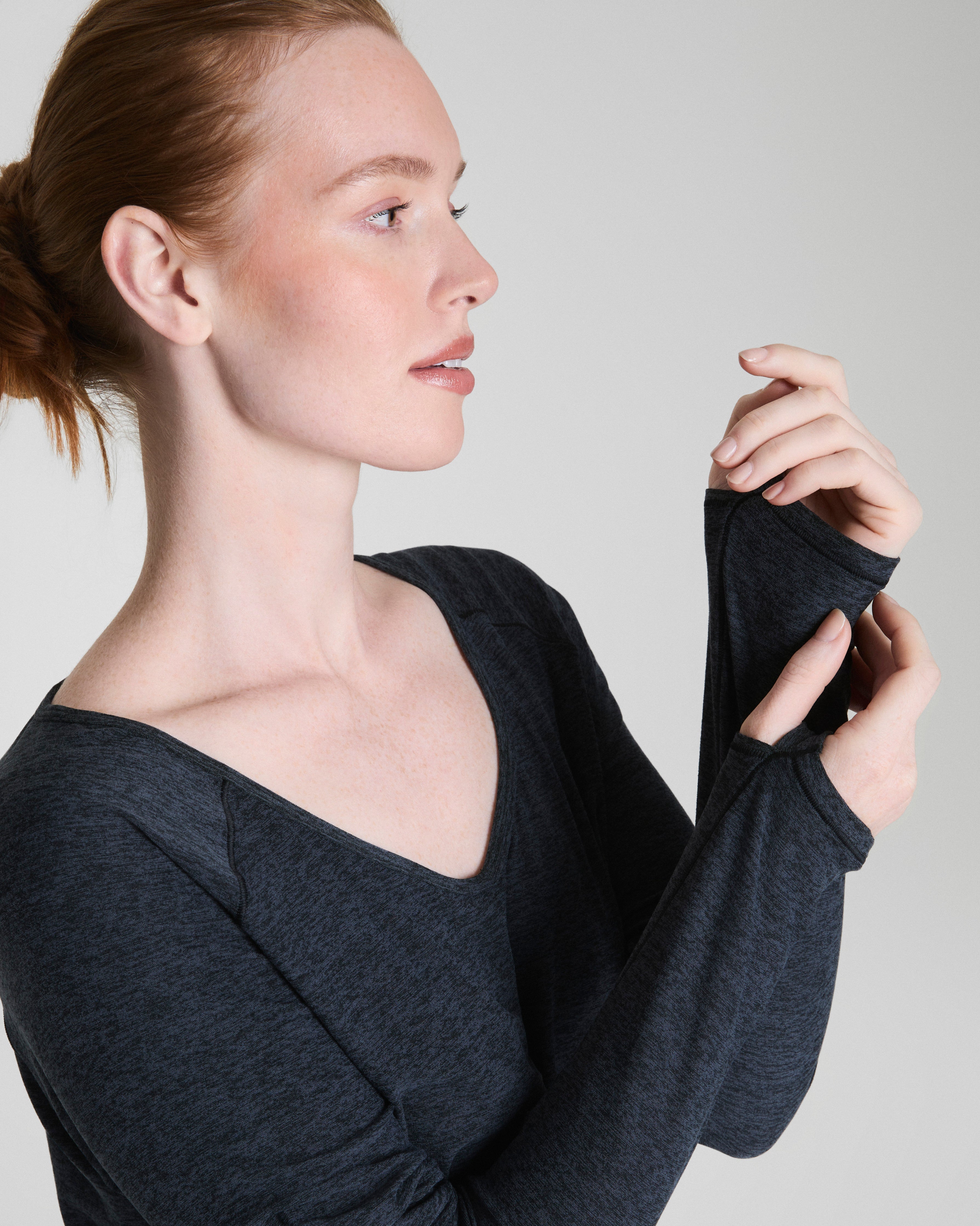 SPANX® SoftStretch Long Sleeve V-Neck Top | Very Black / Light Very Black